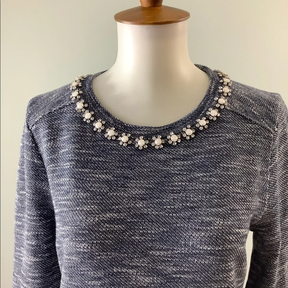 J. Crew Navy Marled Sweatshirt with Jeweled Neckline Size S